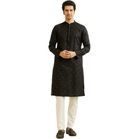 Manyavar Men's Cotton Printed Kurta Pyjama Set (Black,L)