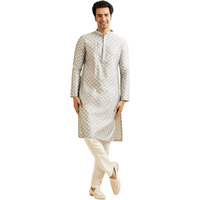 Manyavar Men's Viscose Blend Digital Leaf Print Kurta Set (Light Grey,L)