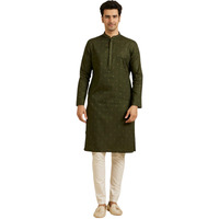 Manyavar Men's Cotton Regal Gold Zari Embroidered Kurta Pyjama Set (Green,L)