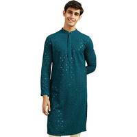 Diwas By Manyavar Men's Viscose Embroidery|Sequin Work Kurta (Teal Green,L)