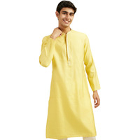 Diwas By Manyavar Men's Blended Viscose Jacquard| Self Design Kurta (Yellow,M)