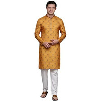 Diwas By Manyavar Men's Art Silk Thread Embroidery Kurta (Yellow,Xl)