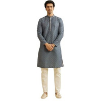 Manyavar Men's Art Silk Printed Kurta Pyjama Set (Blue,M)