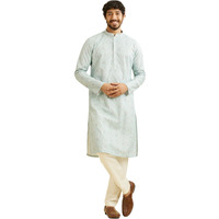 Manyavar Men's Cotton Blend Chikankari Sequined Kurta Pyjama Set (Green,M)