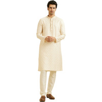 Manyavar Men's Viscose Blend Thread Work| Self Design Kurta Pyjama Set (Cream,Xl)