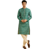 Manyavar Men's Cotton Blend Printed Kurta Set (Green,Xl)