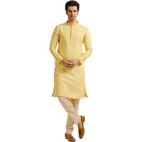 Manyavar Men's Art Silk Jacquard Embroidered Kurta Pyjama Set (Yellow,Xl)