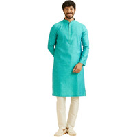 Manyavar Men's Viscose Blend Thread Embroidery Kurta Pyjama Set (Blue,Xxxl)