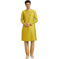 Manyavar Men's Art Silk Neck Embroidered & Foil Prints Kurta Pyjama Set (Green,S)