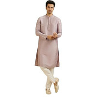 Manyavar Men's Art Silk Embroidered Neckline Kurta Set (Lilac,L)