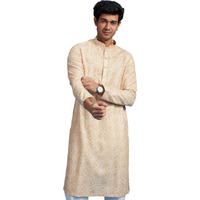 Diwas By Manyavar Men's Cotton Blend Printed|Sequined Kurta (Yellow,S)
