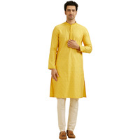 Manyavar Men's Viscose Blend Ombre Dyed Chikankari Kurta Set (Yellow,L)