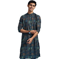 Diwas By Manyavar Men's Blended Viscose Printed Kurta (Teal Blue,M)