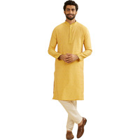 Manyavar Men's Viscose Blend Embroidery Stone Work Kurta Set (Yellow,L)