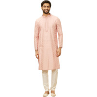 Manyavar Pink Blended Viscose Self Design Kurtas For Men (Kurta Only)