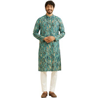 Manyavar Men's Viscose Blend Abstract Print Long Kurta (Green,M)