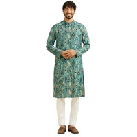 Manyavar Men's Viscose Blend Abstract Print Long Kurta (Green,Xl)
