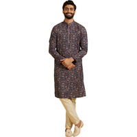 Manyavar Men's Viscose Blend Floral Print Kurta Pyjama Set (Blue,2Xl)