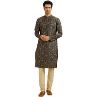 Manyavar Men's Viscose Blend Digital Print Kurta Set (Dark Green,M)