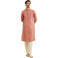 Manyavar Men's Viscose Blend Self-Design Kurta Pyjama Set (Coral,Xl)