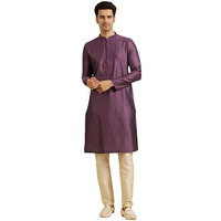 Manyavar Men's Viscose Blend Embroidered Neckline Kurta Pyjama Set (Purple,S)