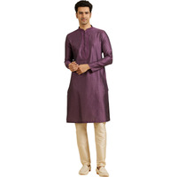 Manyavar Men's Viscose Blend Embroidered Neckline Kurta Pyjama Set (Purple,2Xl)