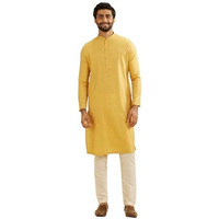 Manyavar Men's Blended Viscose Self Design Kurta Set (Yellow,L)