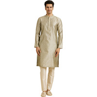 Manyavar Men's Art Silk Intricate Prints & Neck Detailing Kurta Pyjama Set (Green,3Xl)