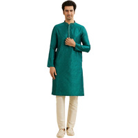 Manyavar Men's Art Silk Intricate Prints & Neck Detailing Kurta Pyjama Set (Teal Green,Xxxl)