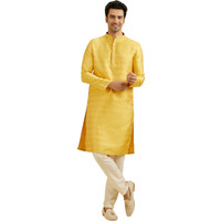 Manyavar Men's Brocade Floral Buta Motifs Kurta Set (Mustard,Xl)