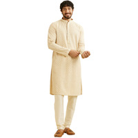 Manyavar Men's Cotton Blend Chikankari Kurta Pyjama Set (Beige,Xxl)