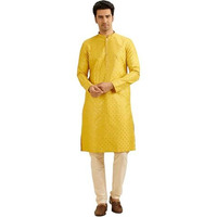 Manyavar Men's Art Silk Sequined Kurta Set (Yellow,M)