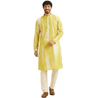 Manyavar Men's Cotton Blend Printed | Embroidered Kurta Pyjama Set (Mustard,L)