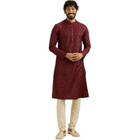 Manyavar Men's Art Silk Buta Jaal Patterned Kurta Set (Maroon,S)
