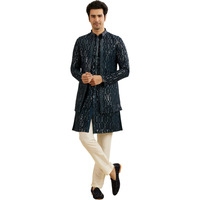 Manyavar Men's Georgette Embroidery|Sequin Work Kurta Jacket Set (Teal Blue,L)