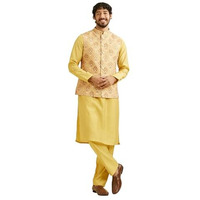 Manyavar Men's Viscose Blend Embroidered Kurta Jacket Churidar Set (Yellow,Xxl)