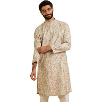 Manyavar Men's Cotton Blend Floral Print Regular Long Kurta (Peach,L)
