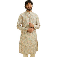 Manyavar Men's Cotton Blend Floral Print Kurta (Beige,Xxl)
