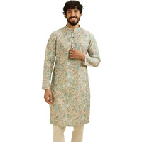 Manyavar Men's Cotton Blend Floral Print Kurta (Aqua Green,L)