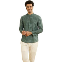Manyavar Blended Cotton Men's Floral Print Short Kurta (Green,Xl)