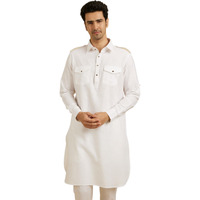 Manyavar Men's Cotton Solid Pathani Style Long Kurta (White,L)
