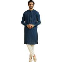Manyavar Men's Viscose Blend Thread Embroidery Kurta Pyjama Set (Dark Blue,M)