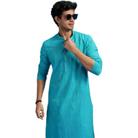 Diwas By Manyavar Men's Cotton Striped Kurta (Turquoise Blue,S)