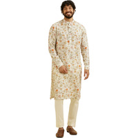 Manyavar Men's Linen Blend Floral Print Kurta (Cream,Xxl)