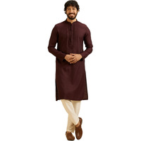 Manyavar Men's Viscose Blend Neck Embroidery Kurta Set (Wine,S)
