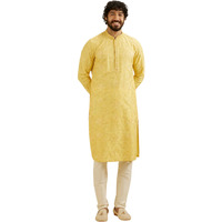Manyavar Men's Viscose Blend Embroidery Kurta Set (Yellow,M)