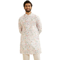 Manyavar Blended Cotton Men's Floral Print Kurta (Cream,M)