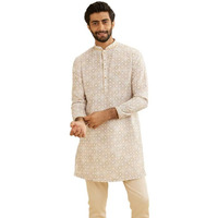 Manyavar Blended Cotton Men's Digital Print Kurta (Cream,L)