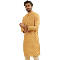 Manyavar Blended Cotton Men's Digital Print Kurta (Yellow,M)