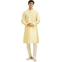 Diwas By Manyavar Men's Art Silk Self Design Kurta Set (Yellow,Xxl)